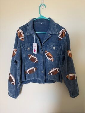 Sequin Football Embellished Indigo Corduroy Jean Jacket